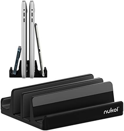 Vertical Laptop Stand - SPACEMax Adjustable GRIPLock Anti-Tip Silicone 4 Slots Aluminum Desktop Holder - Double Dock Stand - 2 Phone Slots Fits Up to 17.3” Laptops, Tablets, Phones - Black by Nukoi