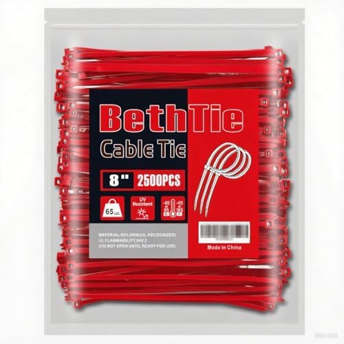 BethTie 8 Inch Red Zip Ties 2500 Pcs, 65 LBS UV Resistant Cable Ties by Youroutdoorcompanion