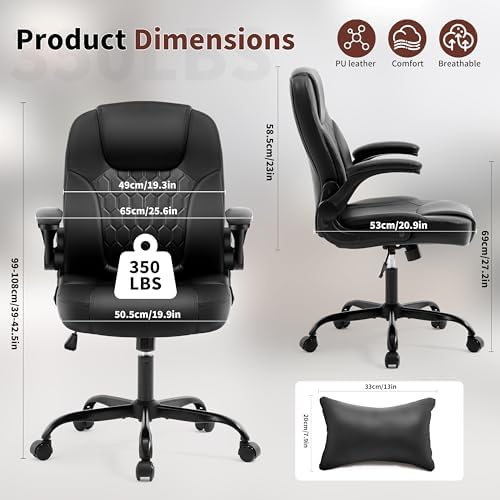 Leather Office Chair Swivel Lumbar Support for Short People Black - Image 2