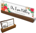Artblox Personalized Office Desk Name Plate and Business Card Holder | Clear Acrylic Glass with Teak Wood Stand |Mixed Flowers Design Customized with Your Name and Credentials Office Desk Décor by Artblox