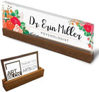 Artblox Personalized Office Desk Name Plate and Business Card Holder | Clear Acrylic Glass with Teak Wood Stand |Mixed Flowers Design Customized with Your Name and Credentials Office Desk Décor by Artblox