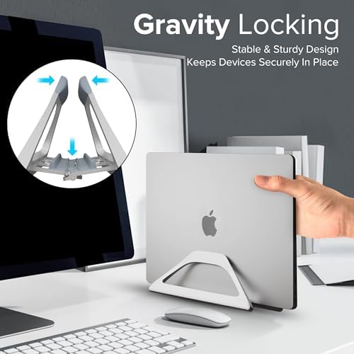 Elestoria Aluminum Vertical Laptop Stand with Gravity Auto-Lock – Adjustable Laptop Holder Vertical fits MacBook Pro/Air, Chromebook & Gaming Laptops up to 17.3" – Space-Saving Desktop Dock - Silver - Image 3
