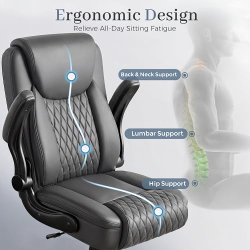 GTPOFFICE Executive Office Chair with Comfortable Lumbar Support, Ergonomic Gaming Chair with Flip-up Armrests & Zoned Pressure-Relief Cushion, Comfy PU Leather Desk Chair, Grey - Image 6
