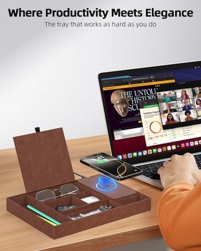 Leather Valet Tray with Wireless Charging Pad - Luxury EDC Nightstand Organizer for Men - Premium Desk Tray for Phone, Watch, Glasses & Keys - Sleek Office Desk Accessories & Gift for Him, Brown - Image 3