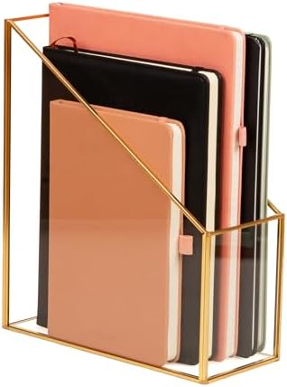 Mind Reader Vertical Glass File Holder with Copper Trim, Angled Magazine Organizer for Documents, Folders & Mail, Glass and Copper, Clear by MindReader