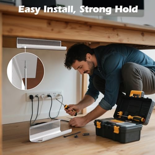 KHAMAL Cable Management Under Desk 52PCS - Cable Management Tray Kit Ventilated Hexagonal Design with Cable Clips, Wire Ties, Cord Holder & Screws for Office, Home - 4 White Sets - Image 5
