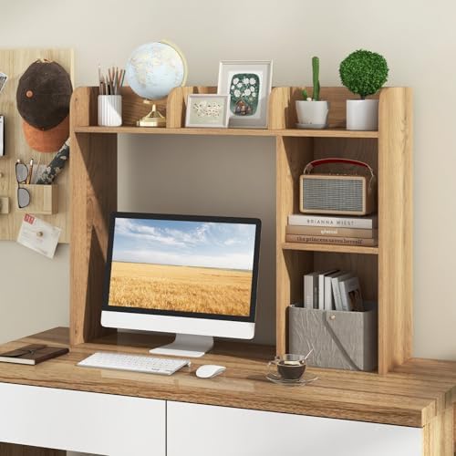 BECOMFORT Desk Hutch, Desk Organizer Shelf w/ 5 Storage Compartments, up to 27” Monitor, Wooden Display Rack, Desktop Bookshelf for Vanity Dressing Tabletop College Dorm Home & Office - Image 2
