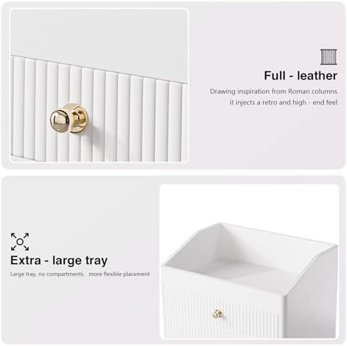 LADSTAG Office Accessories,Begie White Vegan Leather Office Supplies with 3 Drawers & Tray for Desk,Perfume Organizer with Gold-Tone Metal Accents Knob for End Tables,Bedside Table,Bedroom - Image 5