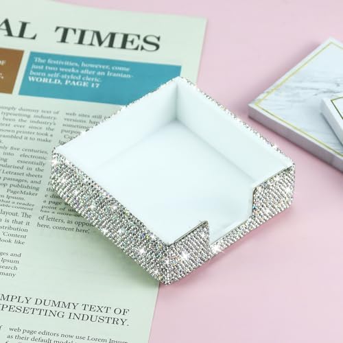 Buqoo 2 PCS Bling Crystal Handmade Diamond Sticky Note Holder and Tape Dispenser Office Supplies Dazzling Rhinestone Bling Desk Accessories for Women Office (Silver) - Image 4