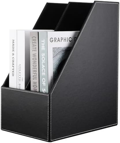 KINGFOM Wooden Leatherette Desktop File Folder Organizer and Document File Stand Journals Magazine Rack 2 Slots (black) by KingfomLeatherHomeOfficeDecor