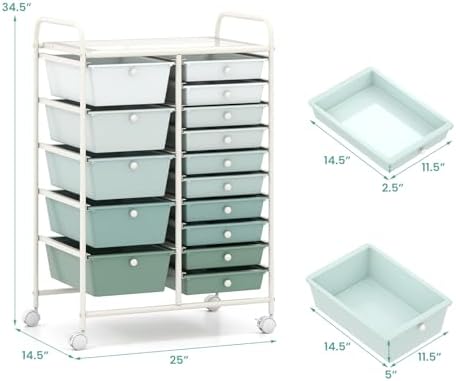 Giantex 15 Drawers Rolling Cart, Classroom Organizers, Storage Cart with Wheels, for Teacher Office Home School Supplies Tool Craft Art Paper, Green Gradient - Image 3