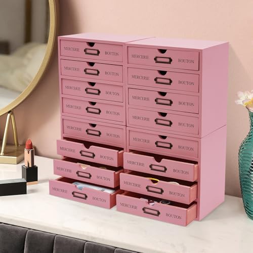 Vintage Wooden Drawers Organizer, 16-Drawer Desktop Storage Box With Drawers, Iron Label Holders, Apothecary Cabinet For Countertop Tea Coffee Pod Storage (16-Drawer/Pink) - Image 5
