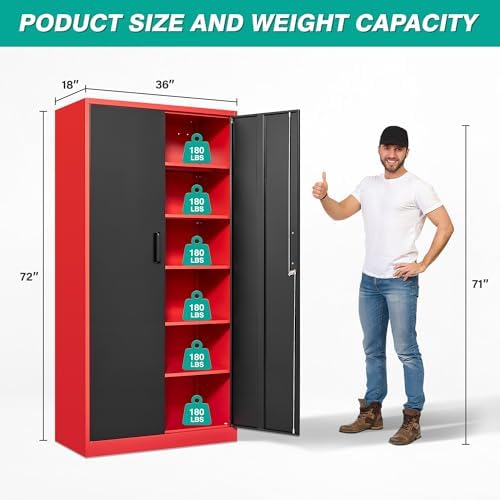 SISESOL Wide & Deep Metal Storage Cabinet with 5 Shelves,72" Tall Red Garage Storage Cabinet with Lock,Metal Cabinets with Locking Doors,Lockable Steel Cabinets for Home,Office,Shop,Garage,72x36x18 - Image 3