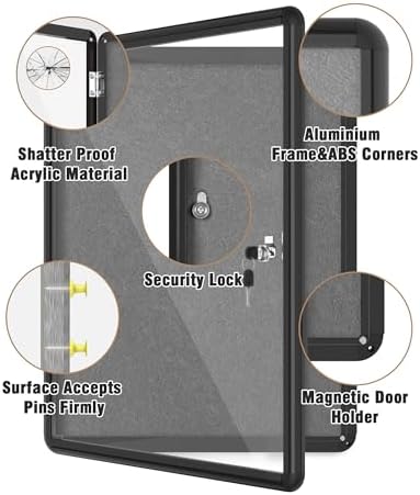 Mifuro 26"x20" Enclosed Bulletin Board, Lockable Weather-Resistant Aluminum Cork Noticeboard for School & Office, Black Frame w/Grey Flet - Image 3