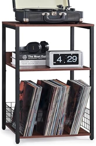 LELELINKY Walnut Oak 18" Wide End Table,3 Tier Large Record Player Stand with Storage Up to 130 Albums,Modern Turntable Stand, Records Vinyl Shelf for Living Room, Bedroom, Printer Desk for Home Office by LELELINKY