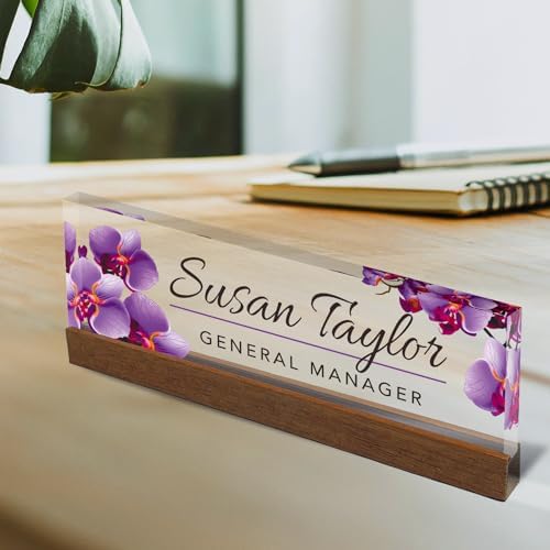 Artblox Personalized Office Desk Name Plate and Business Card Holder | Clear Acrylic Glass with Teak Wood Stand | Purple Orchids Design Customized with Your Name and Credentials Office Desk Decor - Image 2