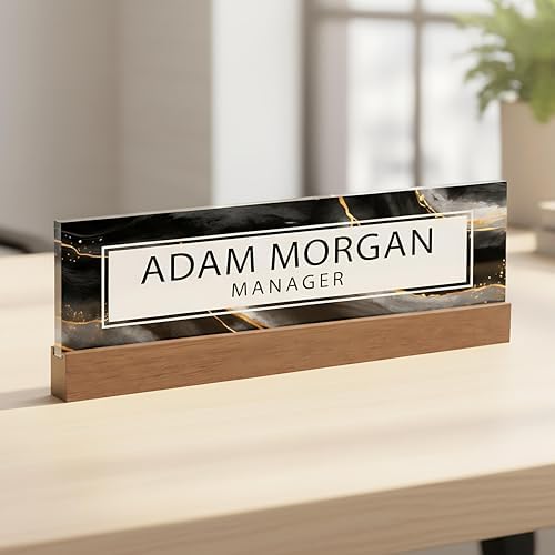 ARTBLOX Personalized Acrylic Name Plate, Black Gold Marble, Card Holder by Artblox