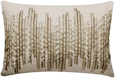 The HomeCentric Decorative Ivory 12"x24" (30x60 cm) Lumbar Pillow Cover, Silk Embroidery, Sequins Beaded Oblong Pillow, Striped Pattern Modern Style - Ivory Rules by TheHomeCentric