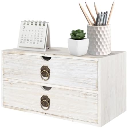 Wood Desk Organizer, White Wooden Desktop Organizer with Drawer, Tabletop Storage Organization Box for Countertop, Home Office Supplies, Bills (2 Drawer) by SEEKELEGANT