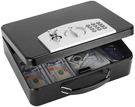 KYODOLED Safe Box with Digital Keypad Lock, Lock Box with Code for Personal Items, Metal Security Box for Cash, Passport, Jewelry, Ideal for Home, Office, Garage Sale, 11.8'' x 9.4'' x 3.5'', Black by KYODOLED
