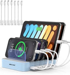 MSTJRY Charging Station for Multiple Devices : 5 Port Multi USB-A Charger Stations Multi-Device Organizer Charging Dock Designed for iPhone iPad Cell Phone Tablets (7 Short Cables Included), Blue by MSTJRY