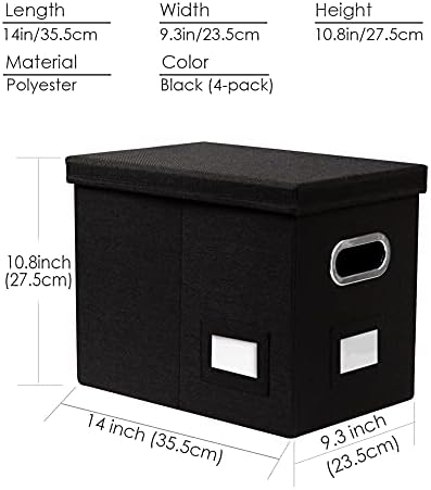 PRANDOM File Organizer Box - Set of 4 Collapsible Decorative Linen Filing Storage Hanging File Folders with Lids Office Cabinet Letter Size Black (14x9.3x10.8 inch) - Image 7