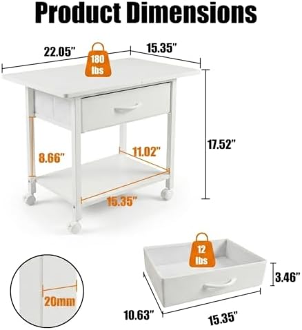 22" x 15" Under Desk Rolling Printer Stand, 2-Tier Industrial Mobile Printer Table with Strong Fabric Drawer, Storage Shelf, Steel Frame and Lockable Wheels, Printer Cart for Home Office (White) - Image 2