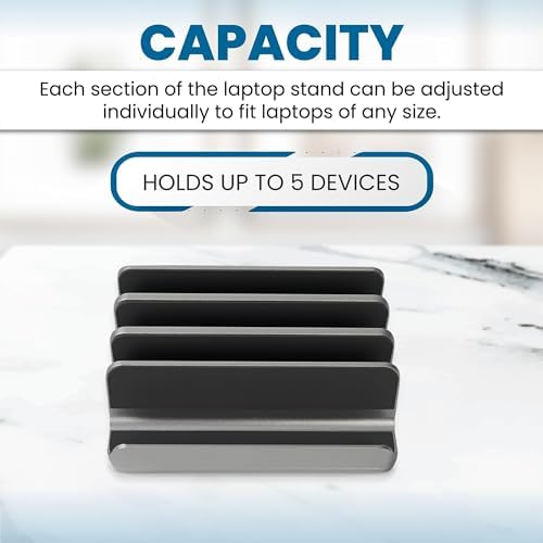 Elestoria 5- Slot Vertical Laptop Stand - Aluminum Laptop Stand Vertical for Desk - Fits MacBook Pro/Air, Surface, Mobiles & Gaming Laptops up to 17.3" - Heavy Duty Laptop Holder for Desk - (Black) - Image 2