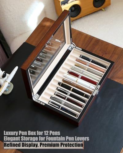 Wooden Pen Display Case – 12 Slot Lockable Fountain Pen Storage Box, Brown Collectors Display with Glass Top, Gift for Men - Image 2