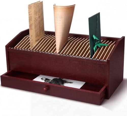 Wood Desktop Organizer with Drawer, 17 Inch 32 Section Bill & Mail & File Organizer Storage for Office Desk, Desktop Mail Holder and Office Supplies Storage, Letter and Paper Sorter(Brown) by Unknown