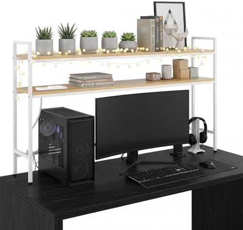 38.5" Desk Shelf with Outlets, 2-Tier Adjustable Multipurpose Engineered Wood Organizer Desk Hutch, Office Storage Rack, Desktop Shelf Organizer for Dorm,Office Home(Nature) by Rotulark