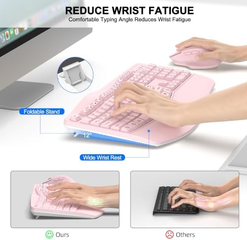 Wireless Keyboard and Mouse Combo, 2.4G Ergonomic Wave Keys(Light Pink) - Image 3