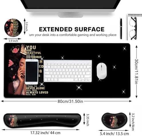 Large Gaming Mouse Pad+ Keyboard Wrist Rest Set, Ergonomics Memory Foam Mouse Mat Wrist Rest Support, Waterproof Extended Mousepad 31.5x11.8in, African American Women Black Girl Desk Pad - Image 6