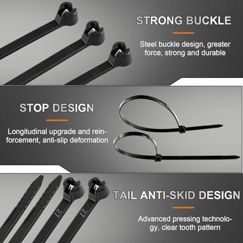 Blulu 7 Inch 500 Pcs Black Cable Ties with Metal Tooth Self Locking - Image 3