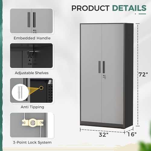 Greenvelly Metal Garage Storage Cabinet with Lock, 72”Metal Storage Cabinet with 2 Doors and 4 Adjustable Shelves, Steel Tool Cabinet for Garage,Home Office, School,Gym (Black Grey) - Image 3