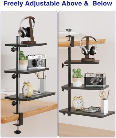 3 Tiers Clamp On Desk Shelf, 360° Angle Adjustable Desktop Shelf Organizer for Home Office Gaming Room, No Drill Desk Extender Adapt to 0.4-2.16 inches Table Thick, Black Brown - Image 6