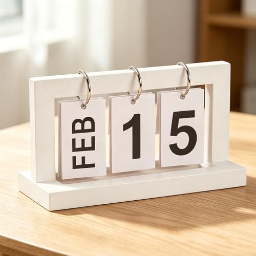 Wooden Perpetual Flip Calendar—White Wood Finish—Minimalist Page Flipper with Metal Ring—Reusable Daily Date Tracker for Home Office Study or Nightstand by Unknown