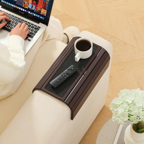 Bamboo Couch Arm Tray Table with Anti-Slip Cork Pad，Foldable Sofa Armrest Tray Table for Couch，Flexible Couch Arm Cup Holder，Portable Sofa Arm Chair Table for Drink, Snacks, Phone, Remote (Mahogany) - Image 6