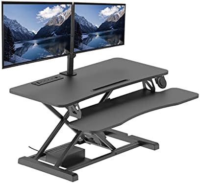 Rocelco 37.4" Electric Standing Desk Converter with Anti-Fatigue Floor Mat - AC USB Charger - Motorized Adjustable Sit Stand Up Computer Workstation Riser - Large Keyboard Tray - Black (R EDRB-MAFM) - Image 2