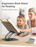 Tounee Book Stand for Reading, Adjustable Book Holder with 360° Swivel Base, Foldable Cookbook Stand Recipe Book Holder with Elastic Page Clips for Music Scores, Recipe, Tablet, Laptop-Black - Image 2