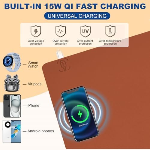 Desk Mat with Wireless Charging, Brown Mouse Pad with Wireless Charger, Desk Pad Matt for Desktop, Mousepad Gaming Large Mouse Pad, Leather Compute for Keyboard and Mouse, 32" x 16" - Image 2