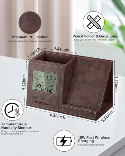 Pen Holder for Desk, Desk Organizer with Wireless Charger, Built in Digital Indoor Thermometer and Humidity Monitor, Multi-Functional Pencil Organizer for Home Office Supplies, Brown - Image 5