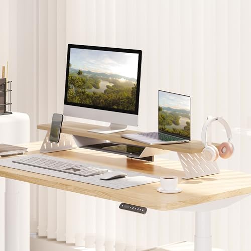Fenge Dual Monitor Stand, Wooden Desk Shelf with Headphone & Phone Holder - Image 2