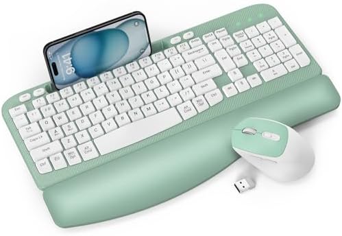 Wireless Keyboard and Mouse Combo, Full-Sized Ergonomic Wave Keys Keyboard with Memory Foam Wrist Rest & Phone Holder, 2.4G Quiet Keyboard Mouse Work Setup for PC Laptop, Office or Home (Mint Green) by Unknown