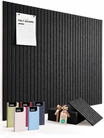 VIVELDA Large Felt Bulletin Board 48 x 36 Inch - 12-Pack Square Acoustic Wall Panels, Cork Board Alternative, NRC 0.95, Damage-Free Adhesive, Slatted Design for Home, Classroom (Black) by VIVELDA%C2%AE