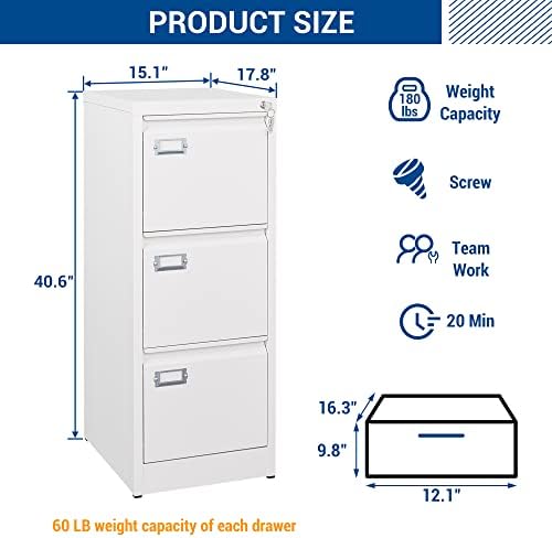 Fesbos 3 Drawers Vertical File Cabinets - 17.8" Deep Lockable Filing Cabinet - White Metal Storage Cabinets for Home Office to Hanging Files Letter/Legal/F4/A4 Size - Image 3