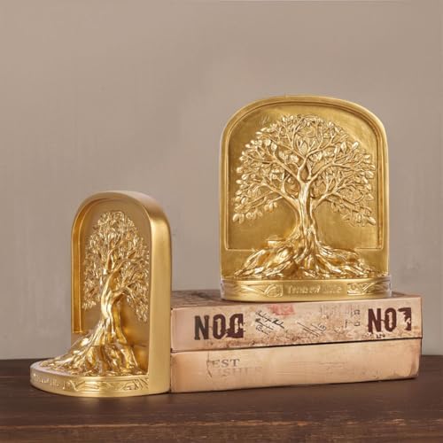 Gold Tree of Life Bookends Set, 2 Decorative Bookends for Shelves or Bookcase, Non-Skid Heavy Bookends for Desktop Shelf Decor, Library Office Decor, Home Décor Gift (Gold) - Image 3
