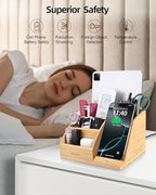 Bamboo Pen Holder with Wireless Charger, Desk Organizer 5 Compartments - Image 5
