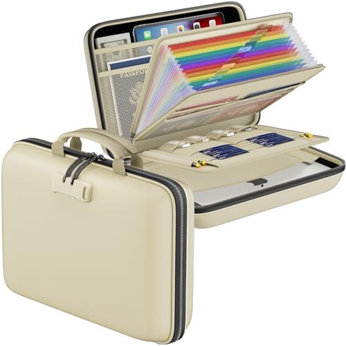 DocSafe Fireproof File Organizer with Lock, Hard-Shell Case Fireproof Document Box with 13 Pocket Accordion File Folder, Portable Home Office Travel Safe Storage for Important Documents Laptop Beige by DocSafe