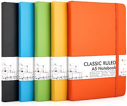 feela Journal Notebook Bulk for School, Hardcover Business Classic Ruled Lined Journals with Pen Holder for Work Office Journaling, with 5 Black Pens, 120 GSM, 5.1”x8.3”, 5 Pack, A5, Solid Colors by feela
